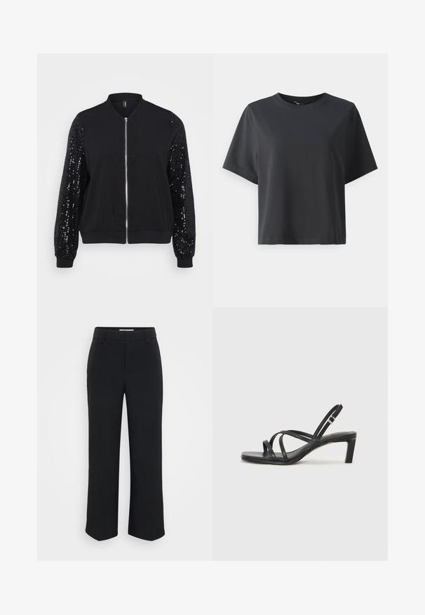 Černá bomber bunda s rukávy zdobenými flitry, se zapínáním na zip a žebrovanými manžetami a lemem; měkká látka s hladkým povrchem.; Černé bavlněné tričko, krátké rukávy, kulatý výstřih, volný střih, hladká textura, jednoduchý design, bez vzorů nebo akcentů.; Černé kalhoty s širokými nohavicemi a hladkým povrchem, s plochým pasem a postranními kapsami, navržené v minimalistickém stylu.; Černé sandály na tenkém podpatku se čtveratou špičkou a nízkým blokovým podpatkem. Mají několik tenkých popruhů a nastavitelné zapínání okolo kotníku. Vyrobeny z hladké kůže.