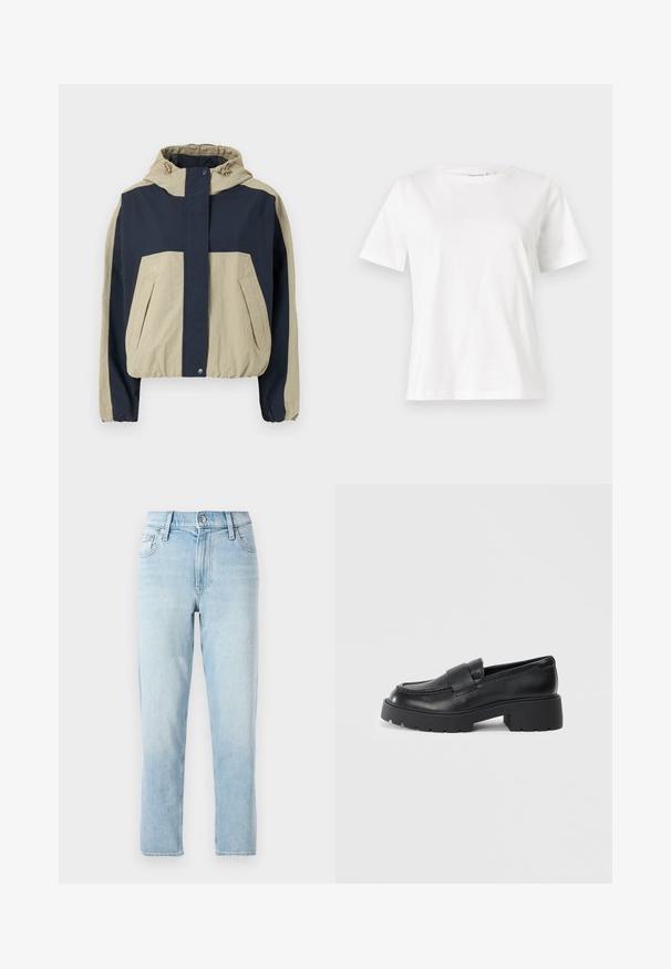 Veste à capuche avec un design en blocs de couleurs bleu marine et beige, poignets élastiques et deux poches à l'avant ; fabriquée à partir d'un matériau léger.; T-shirt en coton blanc à manches courtes, col rond et coupe décontractée. Texture lisse, sans motifs ni accents, design minimaliste.; Jeans en denim bleu clair, coupe droite, taille mi-haute, avec cinq poches et une fermeture à bouton à l'avant.; Mocassins en cuir noir avec une finition texturée, dotés d'une sangle rectangulaire sur le dessus du pied et d'un design de semelle épaisse à relief.