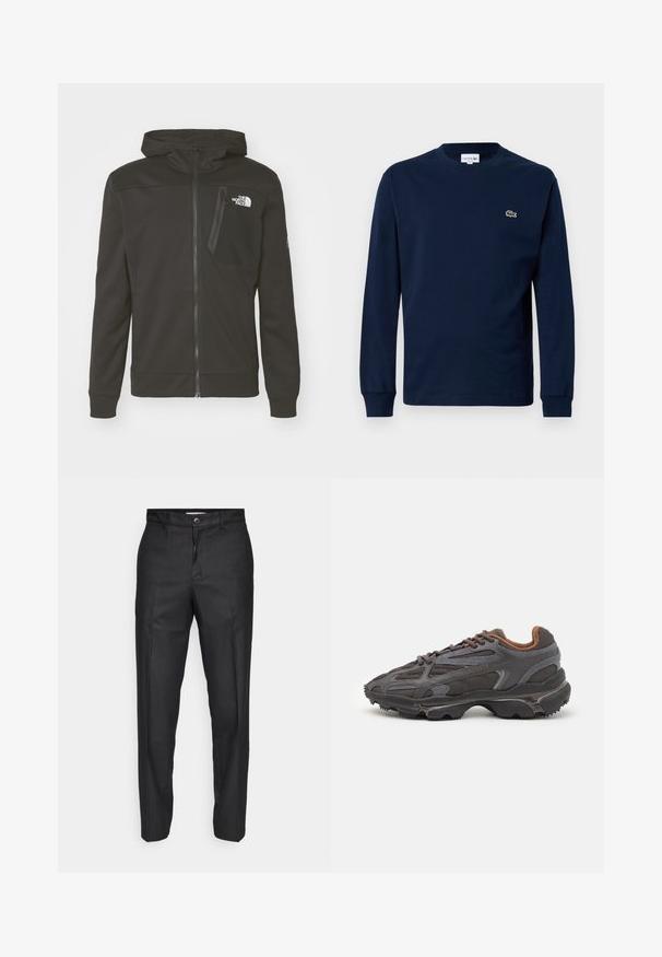 Černá mikina s kapucí vyrobená z měkkého materiálu, s předním zipem, postranními kapsami a náprsní kapsou se zipem.; Námořnické tričko s dlouhým rukávem vyrobené z bavlny, s kulatým výstřihem a malým zeleným logem krokodýla na levé hrudi.; Černé kalhoty vyrobené z hladkého materiálu, s předním zapínáním na knoflík, rovnými nohavicemi a bez viditelných kapes či vzorů.; Sněrovací boty Lacoste v tmavě šedé barvě s síťovinou a syntetickým materiálem, prezentující texturovanou podrážku a hnědé detaily na límci a logu.