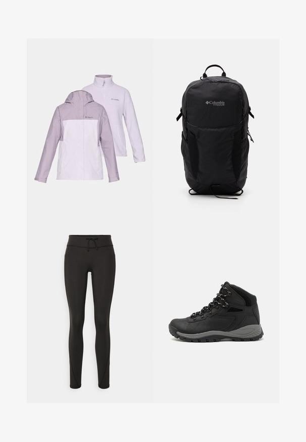 Dva zunanja plašča Columbia: svetlo vijoličen vodoodporen plašči s kapuco in bel fleecasti zadrgov plašč z visokim ovratnikom.; Črna majica Columbia z belim krožnim risanjem gora in reke ter napisom "Columbia Sportswear Company Outside Since 1938."; Črne legice z visokim pasom, vrvico za zavezovanje, gladko teksturo in prilegajoč dizajn. Imajo šivane detajle ob straneh.; Črne pohodniške čevlje z srednje visokim dizajnom, ki imajo teksturirano zgornji del, sivi dodatki in vzdržljiv gumen podplat s protizdrsnimi izboklinami.; Črn nahrbtnik Columbia Titanium z gladko teksturo blaga, stranskimi žepi, zgornjim ročajem in nastavljivimi trakovi. Minimalistična zasnova z diskretnim logotipom.