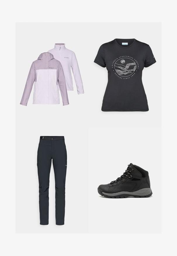 Duos išorinių drabužių iš Columbia: šviesiai purpurinė vandeniui atspari striukė su kapišonu ir balta fliso zip striukė su aukštu apykakle.; Juodas "Columbia" marškinėliai su balta apskrita kalnų ir upės linijų grafika bei tekstu "Columbia Sportswear Company Lauke nuo 1938 metų."; Vyrų lauko kelnės, tamsiai pilkos, pagamintos iš elastingos medžiagos, su diržu, užtrauktukais užtraukiamomis kišenėmis ir sustiprinta siūle.; Juodas žygio botas su vidutinio aukščio dizainu, pasižymintis tekstūruota viršutine dalimi, pilkų akcentų ir patvaria guma padanga su sukibimo gumbais.