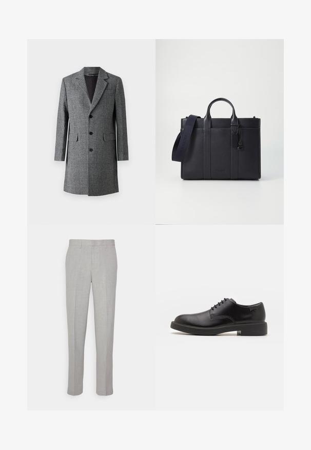 Grå rutig lång kappa med utskuren krage, tre framknappar och sidofickor; har ett strukturerat ullliknande tyg och en slät insida.; Svart polotröja gjord av mjukt material, med långa ärmar och en åtsittande passform. Ribbat avslut vid fåll och ärmslut. Enkelt mönster.; Ljusgrå byxor med en slät yta, platt fram och raka ben. Tillverkade av ett andningsbart tyg, med interna fickor och bälteshällor.; Svart läder snörsko med rund tå, slät yta, minimal söm och låg gummihäl. Logotyp på hälen.; Mörk marinblå läderportfölj med dubbla övre handtag och avtagbar rem. Utmärkt med strukturerad yta, vertikal sömnad och logotypdetalj.