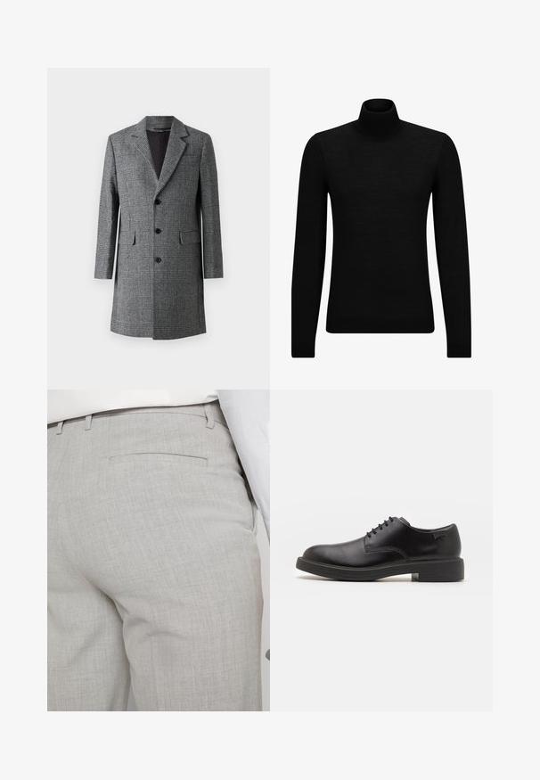 Harmaan ruudullinen pitkä takki, jossa on viistetty kaulus, kolme etubuttonia ja sivutaskut; takissa on tekstuuri villamainen kangas ja sileä vuori.; Mustahuivi neule, joka on valmistettu pehmeästä materiaalista, jossa on pitkät hihat ja tiukka istuvuus. Ribbaus reunassa ja hihansuissa. Yksinkertainen muotoilu.; Vaaleanharmaat räätälöidyt housut tekstuuripintaisesta kankaasta, joissa on yksi takatasku ja siistit saumat.; Mustat nahkasaappaat, joissa on pyöreä kärki, sileä pinta, minimaalinen ommel ja matala kumipohja. Logo kannassa.