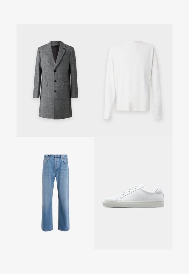 Palton lung gri cu carouri, cu rever în unghi, trei nasturi în față și buzunare laterale; are un material texturat asemănător lânii și un interior neted.; Cămașă albă din bumbac cu mâneci lungi, decolteu rotund, fante pe laterale la baza, cu o textură netedă, expusă din spate.; Jeans din denim bleu deschis cu un design drept, cinci buzunare, închidere cu buton, decolorare minimă și detalii de cusătură în contrast.; Adidași albi cu o suprafață din piele netedă și un profil jos. Au un vârf rotunjit, șase orificii pentru șireturi și o talpă din cauciuc texturată.