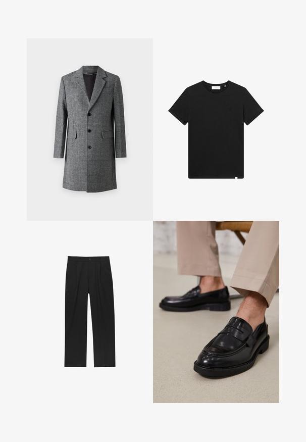 Gråternet lang frakke med notch lapel, tre frontknapper og sidelommer; har et struktureret uldlignende stof og en glat inderside.; Sort kortærmet T-shirt lavet af bomuld, med rund hals og et lille logo broderet på brystet. Glat tekstur, standard pasform.; Sorte bukser med lige ben, lavet af et glat stof. Har frontfolder og en enkelt knaplukning i taljen.; Sorte lædermokkasiner med en glat overflade, der har en dekorativ rem og kontraststing, parret med beige bukser.