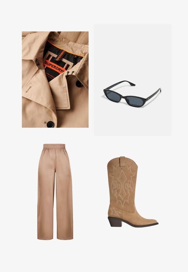 Beżowy płaszcz trench z ciemnymi guzikami, podwójnie zapięty design i czarną podszewką kołnierza. Posiada metkę "SUPERDRY" w pomarańczowym i czarnym kolorze.; Czarny top na cienkich ramiączkach, ozdobiony koronkowym wykończeniem przy dekolcie i dolnej krawędzi. Gładki materiał o lekko błyszczącej teksturze.; Szerokie, jasnobrązowe spodnie wykonane z gładkiego materiału, z elastycznym pasem, o prostym kroju i bez dodatkowych zdobień.; Kawbojskie buty w kolorze tan z zamszu, ozdobione haftowanymi przeszyciami, średniej wysokości pięta na platformie oraz uchwyt na cholewie.; Czarne okulary w kształcie kociego oka z ciemnymi soczewkami, plastikową ramką, smukłymi zausznikami i subtelnym logo na wewnętrznej stronie zausznika. Matowa tekstura.; Brązowa zamszowa torebka na ramię z wygiętym uchwytem, miękką fakturą i zamknięciem na górze na zamek. Brak widocznych elementów metalowych i wzorów.