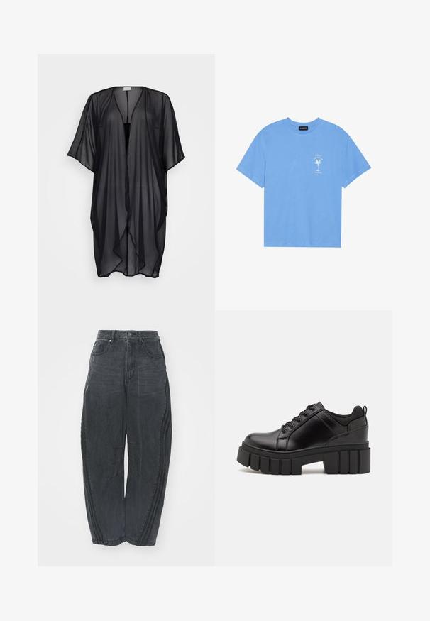 Juodas permatomas kimono, lengvas audinys, atviras priekis, trumpi rankovės, laisvas dizainas, minkšta tekstūra ir lygus paviršius. Be užsegimų.; Šviesiai mėlyna medvilninė marškinėliai su apvaliu iškirpimu. Kairėje krūtinės pusėje pavaizduotas baltas palmės medžio grafikas ir tekstas. Trumpomis rankovėmis.; Palaidi juodi džinsai su išblukusiu paviršiumi, penkios kišenės, užsegimas liemeniui mygtuku ir siuvinėtos detalės priekyje bei šonuose.; Juodi odiniai platformos batai su masyviu blokuota kulniuku, apvalia nosimi ir tradiciniu šnypštimo dizainu. Turintys glotnų paviršių ir minimalų dekoravimą.