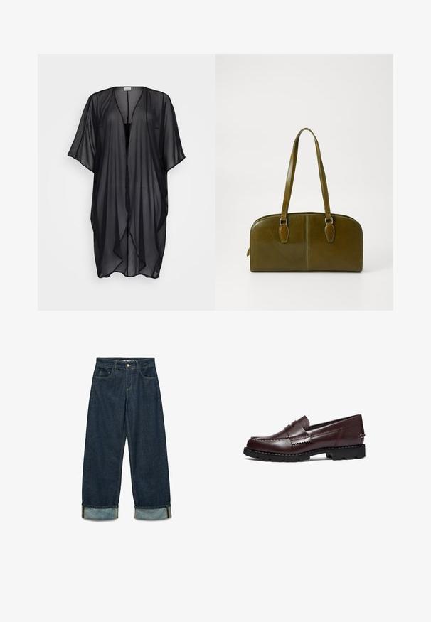 Černý průhledný kimono, lehká tkanina, otevřený přední díl, krátké rukávy, splývavý design, jemná textura a hladký povrch. Bez zapínání.; Dvě slim-fit tílka s krajkovým lemem, jedno bílé a jedno černé, zobrazená na jednobarevném světlem pozadí.; Džínové kalhoty v tmavě modré barvě s volným střihem, s ohrnutými manžetami, pěti kapsami a kontrastními švy.; Timberland Polobotky - burgundy; Oliveově zelená kožená kabelka zaobleného tvaru, se dvěma uchy a bezšvým předním dílem. Disponuje hladkým povrchem a jemnými švy.; Stříbrné kovové náušnice s vlnitým, sochařským designem s leštěným povrchem a nepravidelnými tvary, které zdůrazňují moderní estetiku.