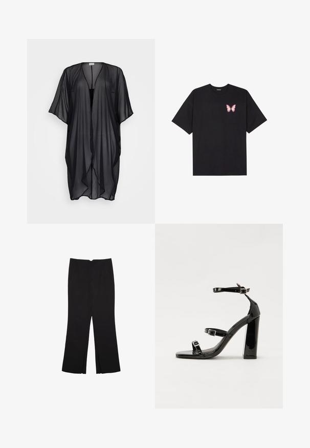 Crna prozirna kimono, lagani materijal, otvoreni prednji dio, kratki rukavi, lepršavi dizajn, mekana tekstura i glatka završna obrada. Bez kopčanja.; Crna pamučna majica s kratkim rukavima, s malim grafičkim prikazom ružičaste vjetricaste s desne strane na prsima. Dizajn s okruglim izrezom i opuštenim krojem.; Crne hlače ravnog kroja, s prednjim džepovima i bočnim prorezima na rubu. Izrađene od mekog i glatkog materijala. Pogodne za razne prigode.; Crne lakirane sandale na visoku petu s dva remena s kopčama, kvadratnim vrhom i masivnom blok petom, s glatkom, sjajnom teksturom.