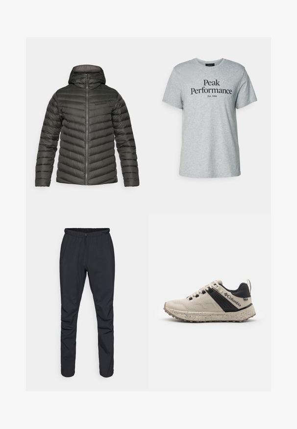 Mörkgrön kviltad jacka med huva, framfickor, långa ärmar och en subtil logotyp på vänster bröst.; Grå bomulls t-shirt med kort ärm och rund halsringning, med svart text som säger "Peak Performance Est. 1986" över framsidan.; Svarta lätta byxor med elastisk midja, dragsko och smalnande ben. Tillverkade av vattenavvisande material med en slät yta.; Columbia sneakers i beige och svart, med en texturerad meshöverdel, en prickig mellansula och en slitstark gummiyttersula för bra grepp.