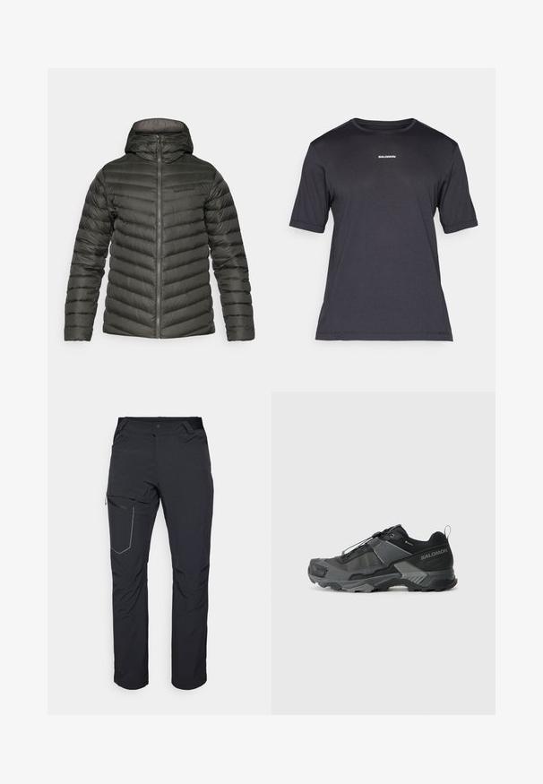 Tmavě zelená prošívaná bunda s kapucí, předním zipem, dlouhými rukávy a jemným logem na levé hrudi.; Černé tričko s krátkým rukávem vyrobené z prodyšné tkaniny, s kulatým výstřihem a malým bílým logem "SALOMON" na hrudi.; Černé venkovní kalhoty s kapsou na stehně se zipem, elastickým pasem a hladkým, voděodolným materiálem. Čistý design bez viditelných log.; Černá trailová běžecká bota s odolným síťovaným svrškem, vyztuženou špičkou, texturovanou gumovou podrážkou a elastickým šněrovacím systémem pro bezpečné uchycení.