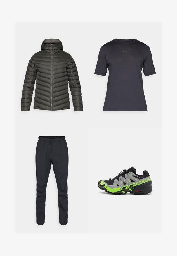 Dark green quilted hooded jacket with front zipper, long sleeves, and subtle logo on the left chest.; Black short-sleeve performance t-shirt made of breathable fabric, featuring a crew neckline and small white "SALOMON" logo on the chest.; Black lightweight trousers with an elastic waistband, drawstring closure, and tapered legs. Made from water-resistant material with a smooth texture.; Black and gray trail running shoe with bright green accents, featuring a textured sole, advanced lacing system, and rugged design.