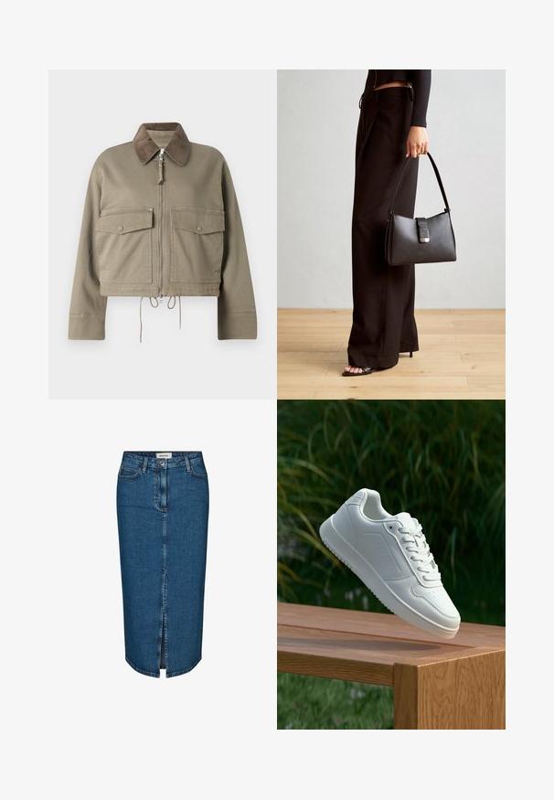 Jachetă scurtă, de culoare verde măsliniu, din bumbac, cu guler din catifea cord, închidere cu fermoar și două buzunare frontale cu capse.; Top alb cu maneci scurte, cu un croi lejer, dintr-un material ușor și cu decolteu rotund. Vederea din spate arată un design simplu și neted.; Fustă tip creion din denim de culoare albastru închis, cu o fanta frontală, cinci buzunare și cusături contrastante. Talie medie cu un design clasic.; Sneaker alb cu un upper sintetic neted, cu vârf perforat, șireturi plate și o talpă texturată, expus pe o suprafață de lemn.; Genți negre cu o formă structurată, textură netedă și un închizător metalic. Asortată cu pantaloni negri largi și sandale cu vârf deschis pe un podea din lemn.