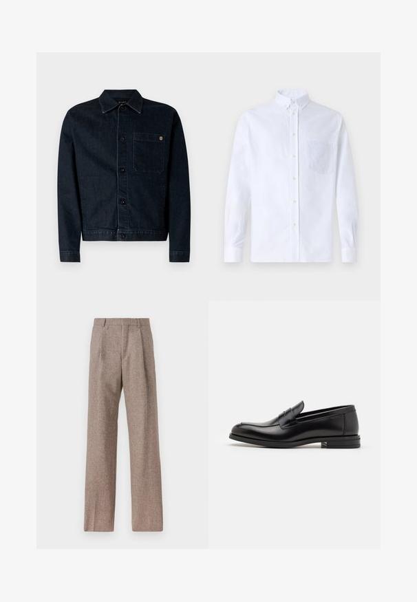 Granatowa kurtka dżinsowa z klasycznym kołnierzykiem, z przodu na guziki, jedną kieszenią na piersi i kontrastowym przeszyciem. Długie rękawy i prosty fason.; Biała koszula z długim rękawem na guziki, wykonana z bawełny, z kieszonką na piersi z tonowym haftem, kołnierzykiem i zapięciem na guziki przy mankietach.; Brązowe, wysokiej talii spodnie wykonane z teksturowanej tkaniny. Posiadają szerokie nogawki i dwa przednie zakładki dla lepszej struktury. Starannie wykończone, bez widocznych elementów metalowych.; Czarne skórzane mokasyny o gładkiej fakturze, zaokrąglonym nosku i dekoracyjnym pasku na przodzie. Niski, warstwowy obcas, minimalistyczny design.