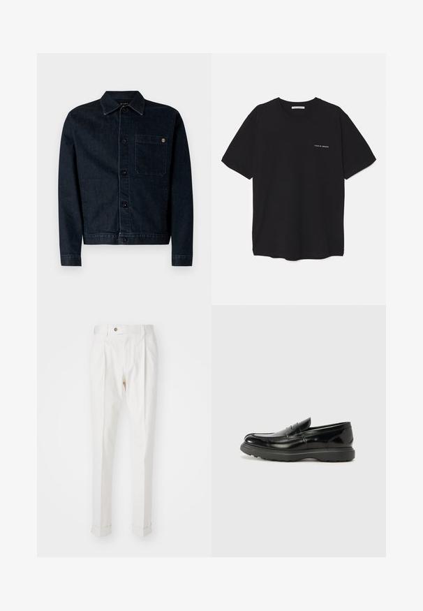 Sötétkék farmerdzseki klasszikus gallérral, elülső gombokkal, egy mellzsebbel és kontrasztos varrással. Hosszú ujjak és egyenes szabás.; Fekete pamut T-shirt kerek nyakkivágással, rövid ujjakkal, és fehér logónyomattal a bal mellrészen. Egyszerű, egyszínű dizájn.; Fehér, szabott nadrág lapos elülső résszel, két redővel és felgöngyölített szárakkal. Simás anyagból készült, deréknál gombos zárással.; Fekete bőr loafer, fényes felülettel, kerek orral, diszkrét varrási részletekkel és vastag gumitalppal a tartósság érdekében.