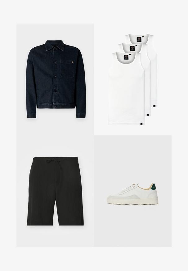 Mørkeblå denimjakke med klassisk krave, frontknapper, en brystlomme og kontrastsyninger. Lange ærmer og lige snit.; Tre hvide ribbede tanktops lavet af bomuld. Har en rund hals og små sorte mærker nær sømmen. Fås i flere størrelser.; Sorte linnedbukser med snor i taljen, der har en afslappet pasform og et knælangt design. Glat tekstur, simple og klassiske stil.; Hvide sneakers med ruskindsdetaljer, rund tå, flade snørebånd og en cremet gummisål. Har grøn branding på hælen.