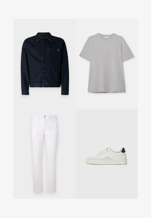 Mørkeblå denimjakke med klassisk krave, frontknapper, en brystlomme og kontrastsyninger. Lange ærmer og lige snit.; Grå kortærmet T-shirt lavet af blødt, struktureret stof. Har en klassisk rund hals og en lige kant, velegnet til afslappet brug.; Hvide denimjeans med lige bendesign, der har to forlommer, en baglomme og en metalknaplukning i taljen.; Hvide sneakers med ruskindsdetaljer, rund tå, flade snørebånd og en cremet gummisål. Har grøn branding på hælen.