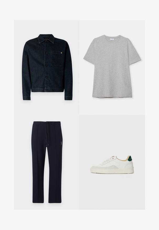 Mørkeblå denimjakke med klassisk krave, frontknapper, en brystlomme og kontrastsyninger. Lange ærmer og lige snit.; Grå kortærmet T-shirt lavet af blødt, struktureret stof. Har en klassisk rund hals og en lige kant, velegnet til afslappet brug.; Marinebukser med afslappet pasform, der har snøre i taljen og sidelommer. Glat stof med diskrete frontfolder og logo-detalje.; Hvide sneakers med ruskindsdetaljer, rund tå, flade snørebånd og en cremet gummisål. Har grøn branding på hælen.