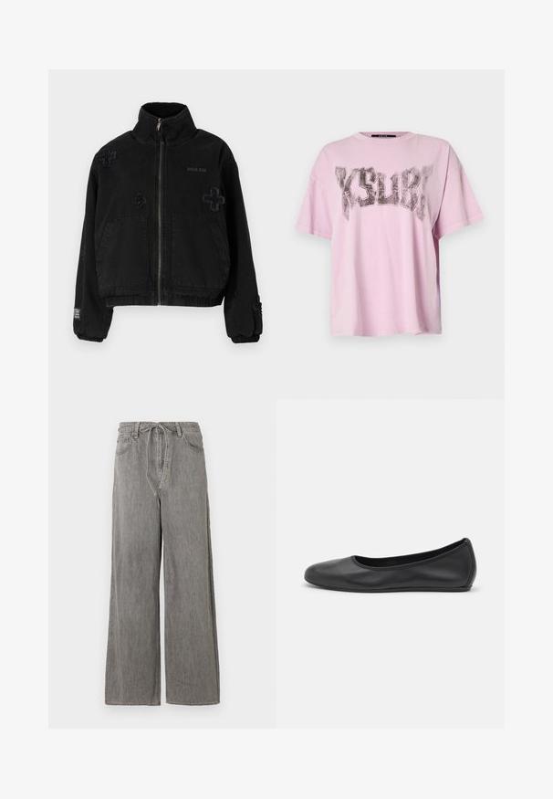 Black jacket made of cotton with a zip front, featuring two front pockets, embossed logo, and textured cross designs on the fabric.; Light pink oversized T-shirt with short sleeves and a crew neck. Features a large black graphic print of the word "KSUBI" on the front.; Wide-leg gray denim pants with a high waist, featuring a drawstring, two front pockets, and subtle stitch detailing.; Black leather ballet flat with a rounded toe, smooth texture, minimal stitching detail, and a flexible sole design.
