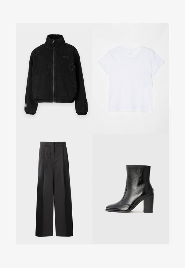 Melna kokvilnas jaka ar rāvējslēdzēju priekšpusē, ar divām priekšējām kabatām, iegrieztu logotipu un faktūru krustu dizainiem uz auduma.; FRAME BABY TEE - Pamata T-krekls - white; Melni platajā kājās bikses ar augsto jostasvietu, kas ar priekšējiem krokām, gludu tekstūru un pielāgotu apdari. Veidotas relaksētai piegrieztei.; Melnas ādas potīšu zābaki ar gludu tekstūru, smailu purngalu un masīlu augstu papēdi. Iekļauts sānu atvērums un minimālistisks dizains.