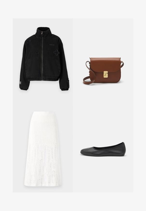 Casaco preto de algodão com fecho éclair à frente, apresentando dois bolsos frontais, logotipo em relevo e designs cruzados texturizados no tecido.; T-shirt de manga curta branca feita de tecido canelado. Decote redondo, ajuste regular e detalhes de costura subtis. Sem padrões ou gráficos.; Saia midi branca de malha com um padrão texturizado com linhas verticais e detalhes recortados perto da bainha. Cintura elástica. Material suave.; Bailarina preta em pele com bico arredondado, textura suave, detalhe de costura minimalista e design de sola flexível.; Bolsa de couro castanho com fecho de aba, decoração em tom dourado, alça de ombro e textura suave. Formato retangular compacto.