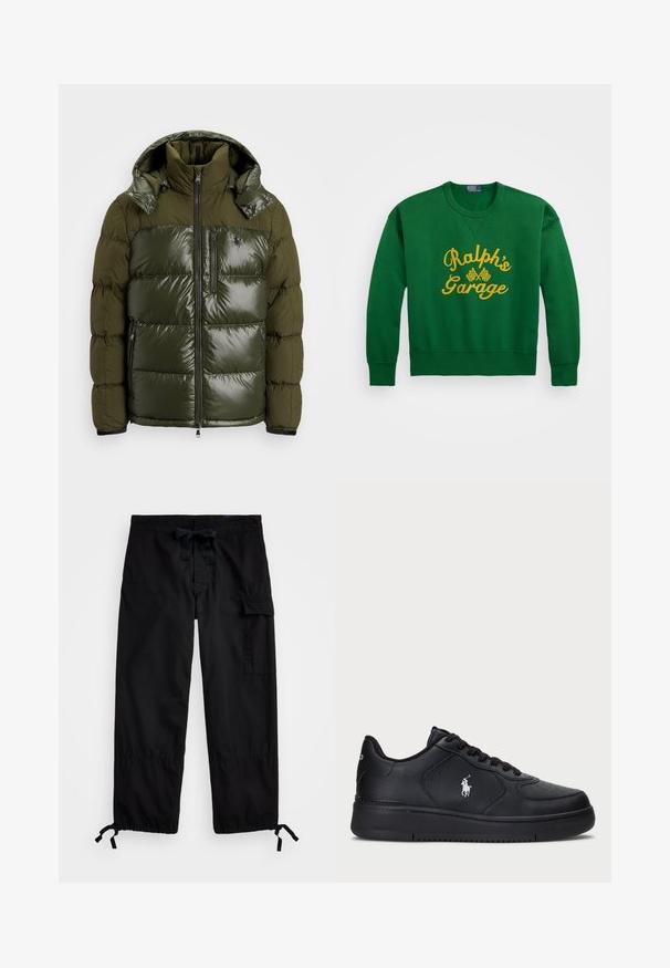 Zaļš pūkainais džemperis ar spīdīgu apdari. Piedāvā augstu apkakli, noņemamu kapuci, rāvējslēdzēju un divas sānu kabatas. Poliestera materiāls.; Zaļš sporta krekls ar noapaļotu kakla izgriezumu, ar dzelteniem izšūtiem uzrakstiem "Ralph’s Garage" un šaha karoga detaļām. Izgatavots no kokvilnas maisījuma materiāla.; Melni kravas bikses ar elastīgu jostasvietu un auklu. Iekļauj sānu kabatas un regulējamus garumus ar cilpām. Izgatavotas no viegla auduma.; Melni ādas sporta apavi ar perforētu dizainu, plakanu auklu aizdari un baltu izšūtu logotipu sānos. Resna melna gumijas zole.