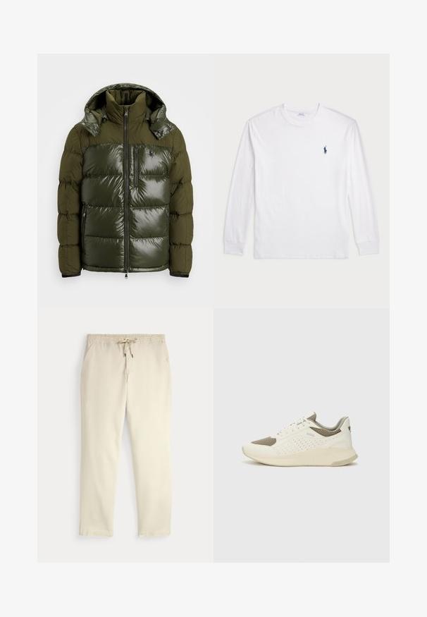 Green puffer jacket with a shiny finish. Features a high collar, detachable hood, zip closure, and two side pockets. Polyester material.; White long-sleeve T-shirt made of cotton. Features a round neckline, ribbed cuffs, and a small navy blue polo logo on the left chest.; Off-white casual pants with elastic waistband and drawstring, straight legs, and side pockets against a plain background.; White and light beige athletic sneaker, featuring a mesh upper, perforated detailing, and a textured midsole with branding on the heel.