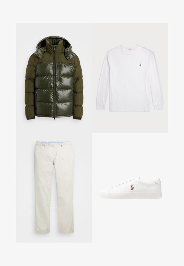 Zöld puffdzseki fényes felülettel. Magas gallérral, levehető kapucnival, cipzáras záródással és két oldalsó zsebbel rendelkezik. Poliészterből készült.; Fehér, hosszú ujjú póló, pamutból készült. Kerek nyakkivágással, bordás mandzsettákkal és egy kis sötétkék polo logóval a bal mellen.; Beige pamut chinin, lapos elülső résszel, övhurkokkal és oldalsó zsebekkel. Egyenes lábú kialakítás, sima textúrával és könnyű, lélegző érzettel.; Fehér bőr sportcipők, alacsony fazonban, sima textúrával, kerek orral, fűzős előlappal és egy kis hímezett logóval az oldalon.