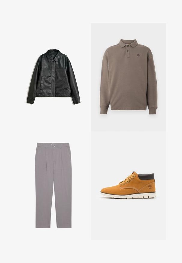 Schwarze Lederjacke mit einem Kragenhals, zwei Fronttaschen und einer glatten Textur. Verfügt über einen geraden Schnitt und ein minimalistisches Design.; Langärmliges Poloshirt aus dunkelbeigem Baumwollstoff, mit einer Knopfleiste mit zwei Knöpfen, gerippten Bündchen und einem kleinen, auf der Brust gestickten Logo.; Graue maßgeschneiderte Hosen mit geradem Schnitt, ausgestattet mit zwei vorderen Taschen, Falten und einem Knopfverschluss. Hergestellt aus leichtem Material.; Braune Wildleder-Stiefeletten mit gepolstertem Kragen, ausgestattet mit goldenen Ösen und Schnürsenkeln, Kontrastnähten und einer weißen Gummisohle.