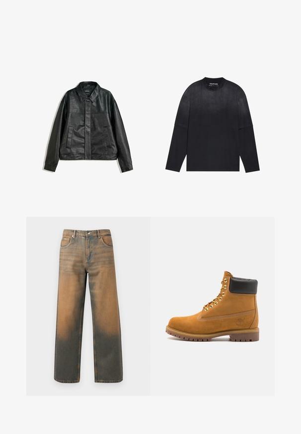 Zwarte leren jas met een kraaghals, twee voorzakken en een gladde textuur. Heeft een rechte snit en een minimalistisch ontwerp.; Langdurige zwarte t-shirt met lange mouwen, gemaakt van zachte stof; heeft een ronde hals, een losse pasvorm en een fijne gradiënt van licht naar donker.; Wijd-uitlopende jeans in verouderd blauw en bruin denim. Heeft een hoge taille, voorzakken en een klassieke knoopsluiting met metalen accenten.; Tan suède enkelboot met zwart gevoerd kraagje, gouden metalen oogjes, witte stikdetails en een robuuste rubberen zool met uitgesproken profiel.