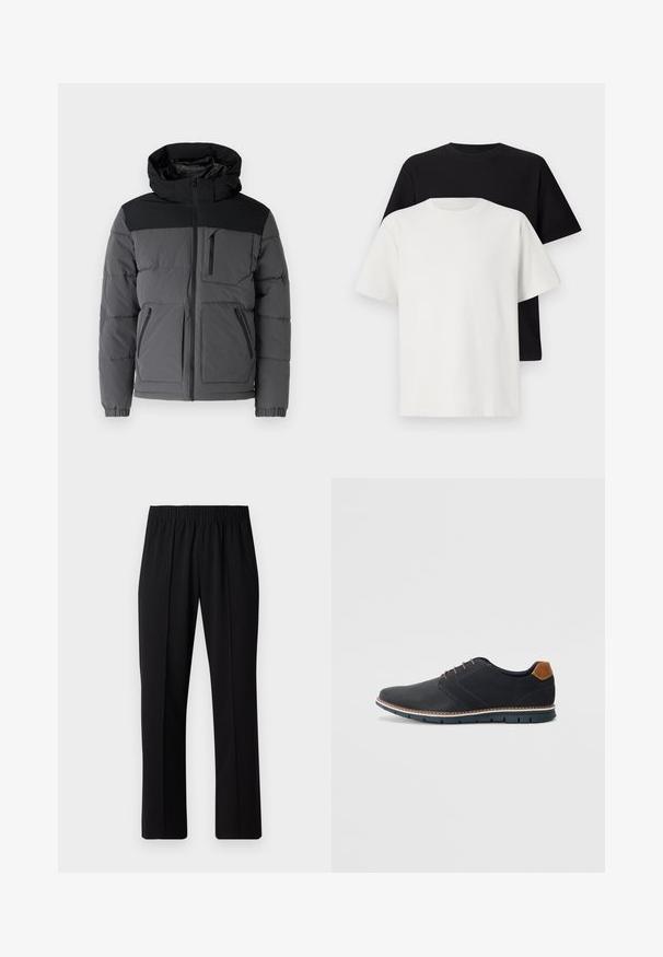 Chaqueta acolchada en tonos de gris con una sección superior negra. Cuenta con capucha, cierre frontal con cremallera y dos bolsillos laterales. Material texturizado.; Conjunto de camisetas de algodón que incluye una camiseta negra y una blanca, ambas con mangas cortas, escote redondo y corte estándar. Tejido texturizado.; Pantalones negros con cintura elástica y diseño de pierna recta, con una textura suave y sin patrones o herrajes visibles.; Zapatos sintéticos negros con un upper texturizado, acentos lisos, tacón marrón y una suela en contraste. Presenta un cordón mínimo y detalles de costura.