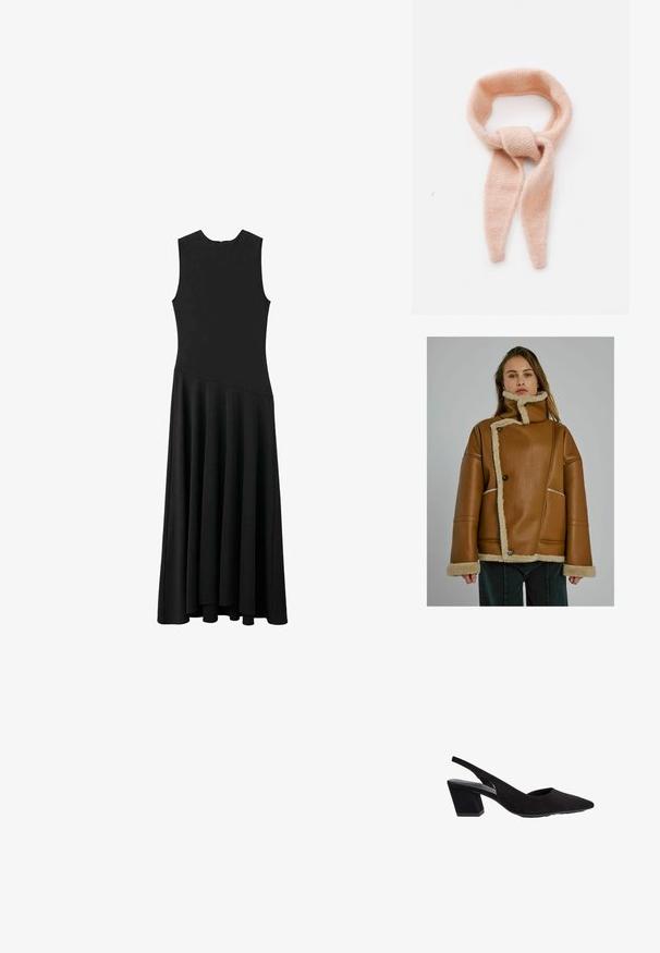 Kvinde iført en tan farvet læderjakke med shearling-foring, asymmetrisk knaplukning og høj krave, stående imod en ensfarvet grå baggrund.; Sort ærmeløs maxikjole med tætsiddende bærestykke og udvidet nederdel, der har en glat tekstur og minimalistisk design, uden synlige lukninger.; Sorte ruskinds slingback pumps med spids tå og en mellemhøj geometrisk blokhælt. Glat tekstur og minimalistisk design.; Lys rosa strikket tørklæde, blød tekstur, looper design med forlængede ender, med en knyttet detalje i midten.