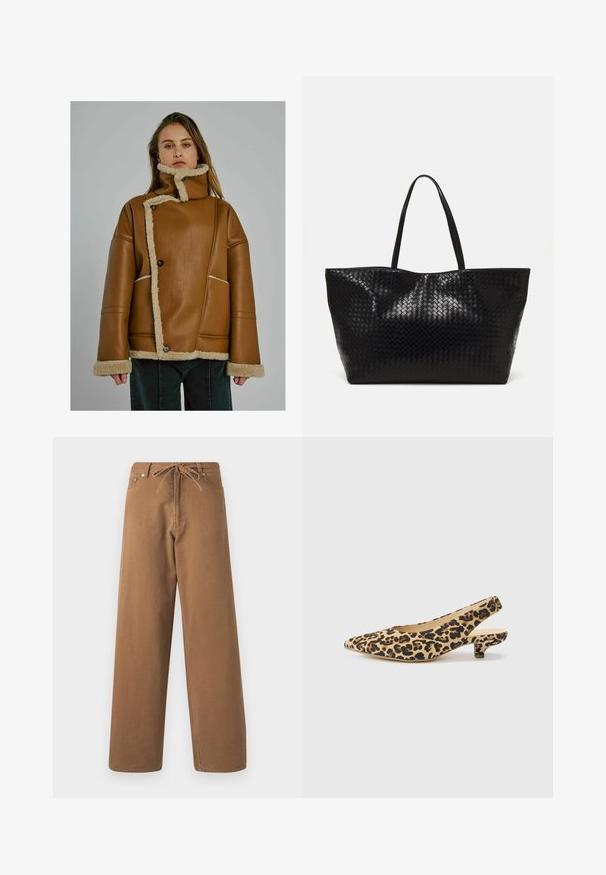 Žena v béžovém koženém kabátu s ovčí podšívkou a asymetrickým zapínáním, se stojáčkem, stojící na šedém pozadí.; Modrá pruhovaná košile s dlouhým rukávem vyrobená z lehkého materiálu. Má klasický límec, zapínání na knoflíky a bílé svislé pruhy.; Hnědé kalhoty s širokými nohavicemi vyrobené z bavlny, s elastickým pasem na šňůrku a dvěma předními kapsami. Texturovaná tkanina se hladkým povrchem.; Lodičky na podpatku se zvířecím vzorem, béžový podklad a tmavě hnědé skvrny, s malým blokovým podpatkem a měkkou texturou.; Černá tkaná taška přes rameno s dvěma pevným uchy, má lesklou texturu a prostorný otevřený vrch.