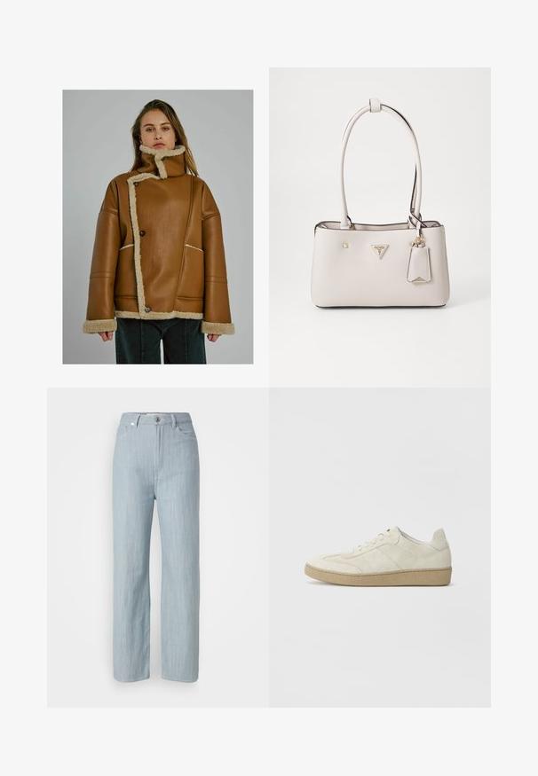 Frau, die eine beigefarbene, mit Schaffell gefütterte Lederjacke mit asymmetrischer Knopfleiste und hohem Kragen trägt, vor einem schlichten grauen Hintergrund steht.; Marineblaues Langarmhemd mit Kragen, Knopfleiste, Fältchendetails an den Schultern und elastischen Bündchen. Glatte Stofftextur.; Helle blaue gerade geschnittene Jeans aus Denim. Verfügt über fünf Taschen, einen Metallknopfverschluss und dezente Waschungen für zusätzliche Textur.; Beige Wildledersneaker mit strukturiertem Design, flacher Gummisohle und ausgeprägter Seitennaht. Runde Zehenform und gepolsterter Kragen.; Beige Handtasche aus Kunstleder mit glatter Textur, doppelten Schulterriemen, goldenen Beschlägen, Logo-Plakette und einem angehängten Etikett.