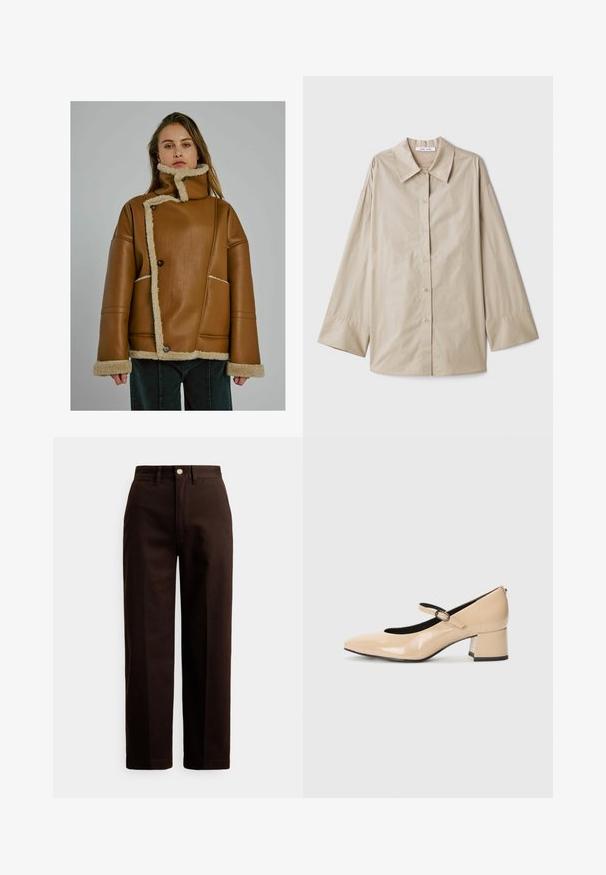 Nainen kannab lääneviidatud nahktagi, millel on asümmeetriline nööpide sulgemine ja kõrge krae, seistes ühetoonilise halli tausta ees.; Beige pika-sammiga särk, millel on suur terav krae, nööpidega eesosa ja laiad varrukate mansetid. Valmistatud siledast, kergest kangast.; Tumedat pruunid sirge lõikega püksid, millel on nööp- ja lukukinnitus, vööaasad ning esimesed taskud, valgel taustal.; Beežist patentnahast Mary Jane kingad, millel on vale varvas, pandla rihm ja keskmise kõrgusega plokkkonts. Sile tekstuur läikiva viimistlusega.