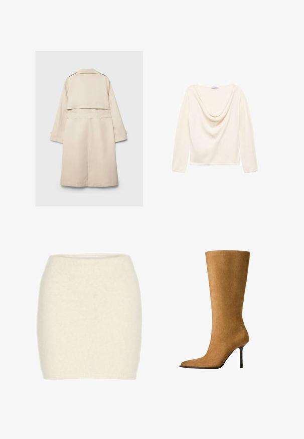Beige trenssitakki, jossa on yksirivinen muotoilu, pitkät hihat ja vyöllinen vyötärö. Sisältää takatuuletusaukon ja klassisen kauluksen. Sujuva tekstuuri.; Kermanvärinen pitkähihainen paita, jossa on laskostettu kaula-aukko ja ribbikuvio. Valmistettu kevyestä kankaasta, jossa on suora helma vyötäröllä.; Valkoinen villa minibakio, pehmeä ja pörröinen rakenne, vartalonmyötäinen malli, korkea vyötärö, ei näkyviä kuvioita tai koristeita.; Knee-high mokkanahkasaappaat kamelin värissä, joissa on terävä kärki ja ohut korkea korko. Sujuva pinta ja tyylikäs siluetti, jossa on minimaalinen yksityiskohtaisuus.