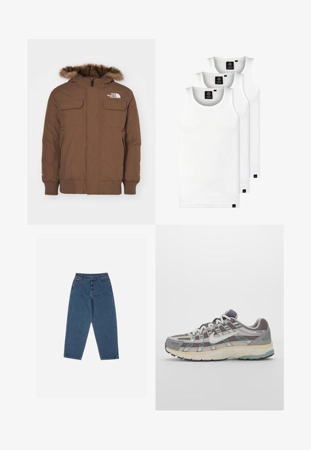 The North Face MCMURDO - Jakna ispunjena paperjem - smokey brown; Tri bijele rebraste majice bez rukava od pamuka. Imaju okrugli izrez i male crne oznake blizu rubova. Dostupne su u više veličina.; Plave traperice s opuštenim krojem, visokim strukom, dizajnom s pet džepova i naglašenim šavovima. Imaju kopčanje na gumb i patentni zatvarač.; Siva sportska tenisica s gornjim dijelom od mrežaste tkanine i zamshta, bijelim detaljima, amortizirajućom potplatom i prepoznatljivim dizajnom s refleksivnim elementima.