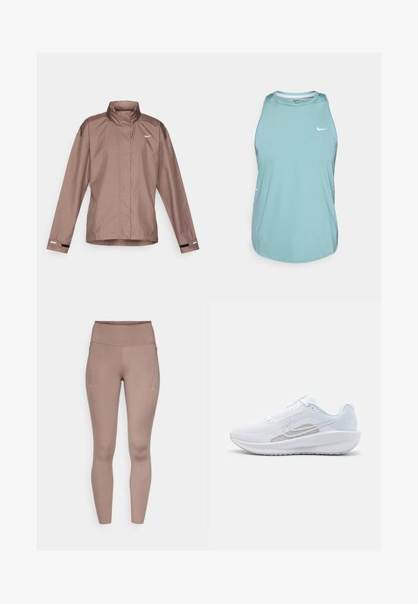 Lekka, brązowa kurtka nylonowa z wysokim kołnierzem. Posiada biały logo na klatce piersiowej, długie rękawy i czarne akcenty na mankietach.; Jasnoniebieski bezrękawnik sportowy wykonany z gładkiego, syntetycznego materiału. Posiada okrągły dekolt oraz małe białe logo z przodu.; Brązowe legginsy z wysokim stanem o gładkiej fakturze, z bocznymi kieszeniami i małymi odblaskowymi akcentami z przodu.; Białe sportowe buty z siateczkową cholewką, zaokrąglonym noskiem i teksturowaną podeszwą. Posiadają srebrny logo Nike i minimalistyczny design.