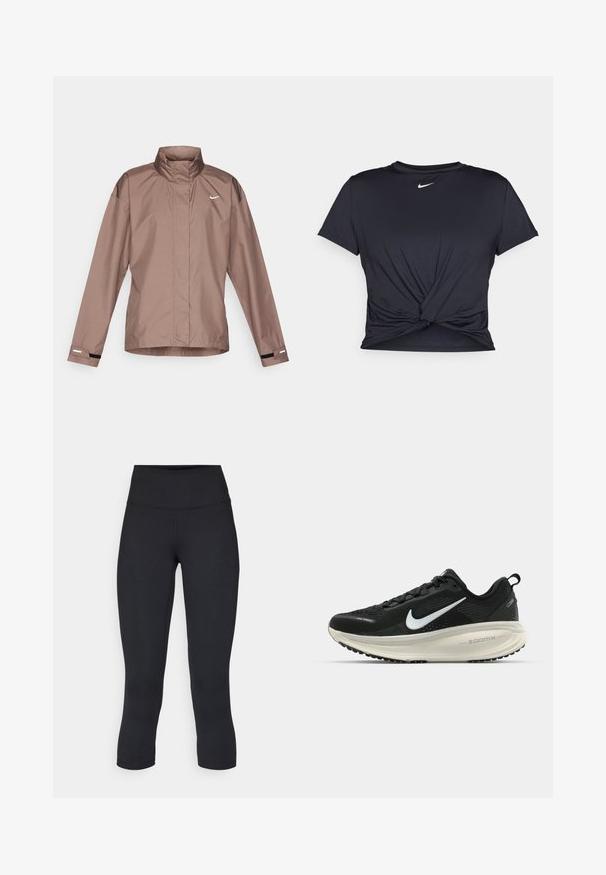 Leichte, braune Nylonjacke mit hohem Kragen. Verfügt über ein weißes Logo auf der Brust, lange Ärmel und schwarze Akzente an den Bündchen.; Schwarzes Sport-T-Shirt aus glattem Stoff, mit einem geknoteten Vorderdesign und einem kleinen weißen Nike-Logo auf der Brust.; Schwarze, cropped Leggings aus dehnbarem Material, mit einem hohen Bund und glatter Textur, ohne sichtbare Muster oder Hardware.; Schwarzer Nike-Laufschuh mit atmungsaktivem Mesh-Obermaterial, weißem Swoosh-Logo, strukturierten Details und einer cremefarbenen ZoomX-Zwischensohle.
