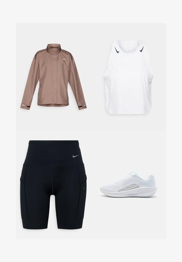Veste en nylon légère et marron avec un col haut. Présente un logo blanc sur la poitrine, des manches longues et des accents noirs au niveau des poignets.; Débardeur blanc sans manches en tissu léger, avec des accents du logo Nike noir sur les épaules, un col rond et une coupe décontractée.; Shorts de sport noirs taille haute en matériau extensible ; dotés de poches latérales et d'un petit logo Nike sur la ceinture.; Baskets blanches avec une tige en mesh, bout rond et semelle texturée. Présentent un swoosh Nike argenté et un design minimaliste.