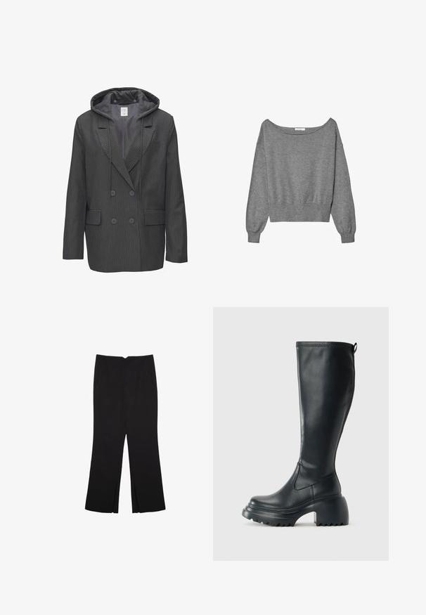 Doppelreihige schwarze Jacke mit grauen Nadelstreifen, einer grauen Kapuze und zwei Vordertaschen, mit einer glatten Textur und Knopfverschlüssen.; Grau geschnittenes Sweatshirt aus weichem Stoff, mit einem schulterfreien Design, langen Ballonärmeln und einem gerippten Saum.; Schwarze Hose mit geradem Schnitt, ausgestattet mit Fronttaschen und Seitenschlitzen am Saum. Hergestellt aus weichem, glattem Stoff. Geeignet für verschiedene Anlässe.; Hoher schwarzer Lederstiefel mit einer robusten Plateausohle und Blockabsatz, der über eine Zuglasche und ein strukturiertes Profil an der Außensohle verfügt.