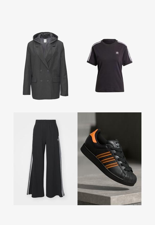 Double-breasted black jacket with grey pinstripes, a grey hood, and two front pockets, featuring a smooth texture and button closures.; Black cotton short-sleeve t-shirt with round neck, featuring white stripes on shoulders and a small white Adidas logo on the chest.; Black wide-leg sweatpants with an elastic waistband, featuring white side stripes and an embroidered logo on the left thigh.; Black sneaker with orange accents, three horizontal stripes, textured leather upper, rubber toe cap, and black laces.