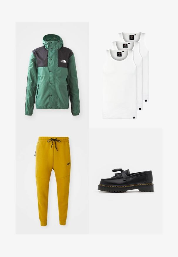 Vihreä takki mustilla yksityiskohdilla, valmistettu kevyestä materiaalista. Varustettu hupulla, vetoketjulla ja napituspainikkeilla. Brändin logo näkyvissä rinnassa.; Kolme valkoista ribbitekstiilistä toppia, jotka on valmistettu puuvillasta. Ominaisuuksiin kuuluu pyöreä pääntie ja pieni musta etiketti helman lähellä. Saatavilla useissa kooissa.; Nike-housut eläväisessä sinapinkeltaisessa värissä, valmistettu pehmeästä kankaasta. Varusteena elastinen vyötärö, jossa on naru, sivu vetoketjulliset taskut ja kapenevat lahkeet.; Musta nahkakengät, joissa on tupsuakkentti, paksu musta pohja ja keltainen ommel reunassa. Rakeinen pinta.