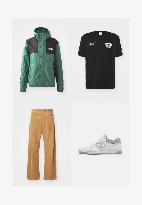 Grønn jakke med svarte detaljer, laget av lett materiale. Har hette, glidelås og trykknapper. Merkevarelogo vist på brystet.; Svart bomull t-skjorte med korte ermer, rund hals, med hvit "Champion" logo og tekst trykket på forsiden og ermet.; Bredde benbukser i kordfløjl i en tanfarve. Har strukturerede, lodrette ribber, med en standard talje og to forlommer.; Hvite lær sneakers med grå detaljer, med perforert tåboks, flate lisser og et mønstret såle. New Balance-logo på siden.
