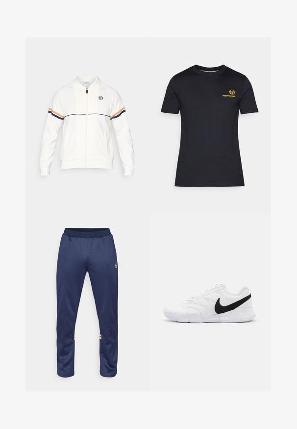 Balts jaku ar rāvējslēdzēju, izgatavotu no mīksta materiāla, ar apkakli, izšūtu logo un divām horizontālām svītrām tumši zilā un oranžā krāsā uz piedurknēm.; Melna īsām piedurknēm t-kreklu, izgatavotu no kokvilnas. Kreisajā krūtīs ir dzeltena logo apdruka. Klasiska apaļa dekoltē, gluda tekstūra.; Tums zilas sporta bikses ar elastīgu jostu, divām oranžām svītrām apakšējās kājās un logotipu augšējā labajā kājā.; Baltie sporta apavi ar teksturētu augšdaļu, melnu Nike swoosh, mīkstu apkakli un cietu gumijas zoli ar rakstainu virsmu.