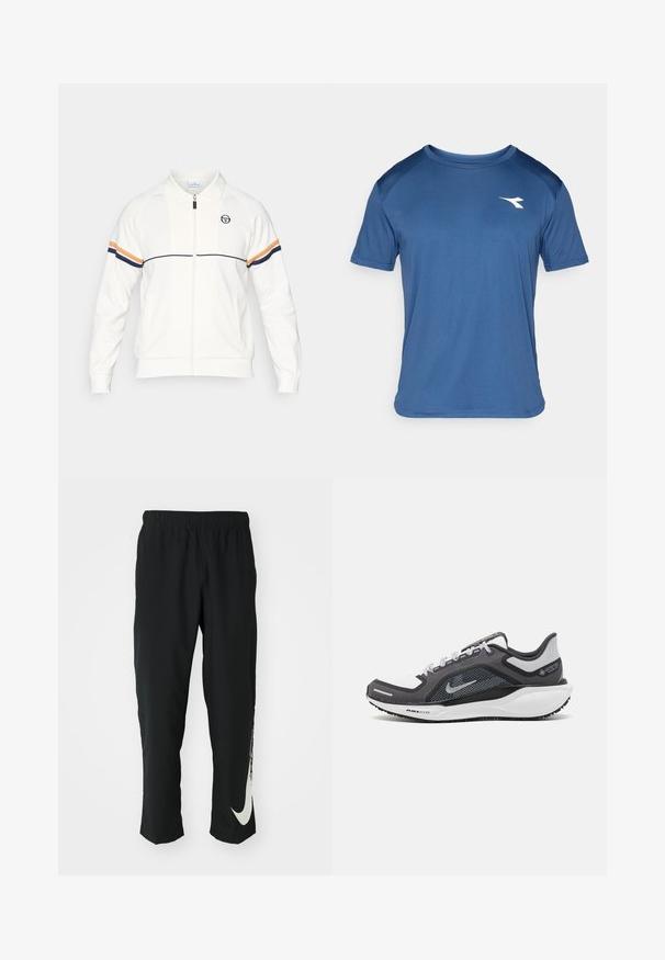 Jaqueta branca com fecho éclair em material suave, apresentando um colarinho, logotipo bordado e riscas horizontais duplas em azul-marinho e laranja nas mangas.; Camisola atlética azul de manga curta para homens, com mangas raglan e um pequeno logo branco no lado esquerdo do peito.; Calças atléticas pretas com cintura elástica, design afunilado, apresentando um grande logótipo branco da Nike na perna esquerda. Tecido macio e leve.; Sapatilha atlética preta e cinza com parte superior em malha, detalhes reflexivos e uma entressola branca. Apresenta uma sola de borracha texturizada e atacadores.