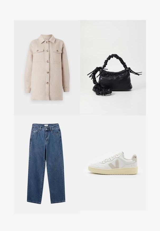 Beige villasekoituksesta valmistettu puserotakki, jossa on kaulus, pitkät hihat ja etupuolella rinnataskut. Varustettu puisilla nappeilla ja pehmeällä, teksturoidulla pinnalla.; Vihreä ja valkoinen raidallinen neulepaita, jossa on rento istuvuus, leveät hihat ja ribattu hihansuu. Valmistettu pehmeästä, teksturoidusta neuloksesta.; Classiset siniset farkut suoran lahkeen muotoilulla, viidellä taskulla ja napillakaan. Ominaisuudet: keskivahva pesu ja kestävä rakenne.; Valkoiset nahkakengät, joissa on vaaleanruskeat pigmenttisuojat, rei'itetty kärki, litteät nauhat ja teksturoitu kermaisa pohja. Takana on huomaamaton brändäys.; Must-have mustekahvi nahkalaukku krokotiiliaistalla, kiristetty yläosa ja rypistetty hihna. Näyttää pehmeältä ja kompaktilta muotoilultaan.