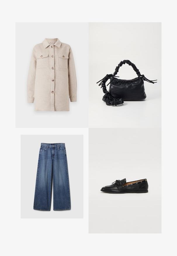 Jachetă dintr-un amestec de lână de culoare bej, cu guler, mâneci lungi și buzunare pe piept. Are nasturi din lemn și un finisaj moale, texturat.; Tricou alb cu mânecă scurtă din material cu riburi, având un gât rotund clasic și un design simplu, ajustat. Fără modele sau accente.; Blugi din denim albastru cu picioare largi, având un finisaj uzat, cu închidere prin buton și fermoar, cinci buzunare și curea.; Mocasini din piele neagră cu fundiță legată, având accente aurii sub formă de ochiuri pe laterale și o talpă plată din cauciuc. Textură netedă, design clasic.; Geantă din faux leather neagră cu textură de crocodil, cu partea superioară strânsă și o curea mototolită. Pare moale și compactă ca design.