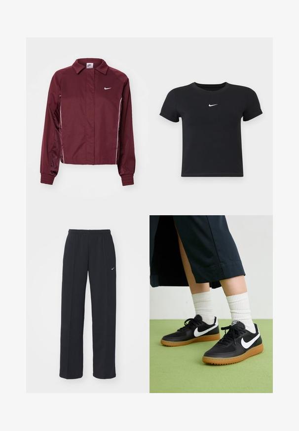 Casaco Nike bordô com gola, riscas brancas nos lados, mangas longas e punhos elásticos. Material suave com fecho de correr à frente.; T-shirt preta de manga curta feita de algodão, com decote redondo. Apresenta um logótipo branco da Nike no peito, design minimalista e corte ajustado.; Calças de jogging Nike pretas com uma cintura elástica e bolsos laterais, apresentando um pequeno logótipo branco na perna esquerda e um corte reto.; Sapatilhas pretas em couro e sintético com o logo da Nike em branco, sola de borracha tipo goma, bico redondo e atacadores pretos. Meias brancas com frunces visíveis.