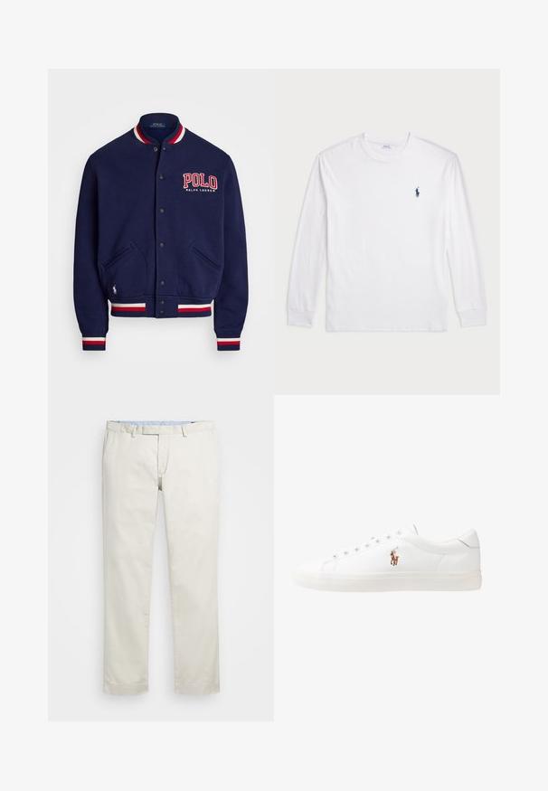 Casaco varsity azul-marinho com colarinho e punhos em riscas vermelhas e brancas. Apresenta fechamento com botão, dois bolsos frontais e logótipo bordado "Polo".; Camisola de manga longa branca feita de algodão. Apresenta um decote redondo, punhos canelados e um pequeno logótipo de polo azul-marinho no lado esquerdo do peito.; Chinos de algodão bege com frente plana, passantes para cinto e bolsos laterais. Design de perna reta com uma textura suave e uma sensação leve e respirável.; Sapatilhas de couro brancas, design de cano baixo, com textura suave, biqueira redonda, atacadores à frente e um pequeno logótipo bordado na lateral.